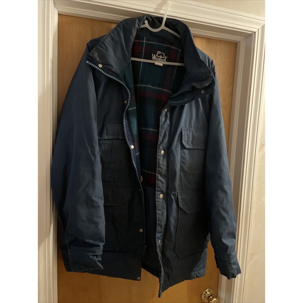 Vintage WOOLRICH Parka Coat Wool Blanket Lined Hood Thinsulate Blue USA - L